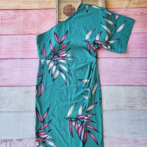 FKSP‎ Folake Kuye Teal Leilani Jade One Shoulder Tropical Draped Maxi Dre… - Picture 7 of 10